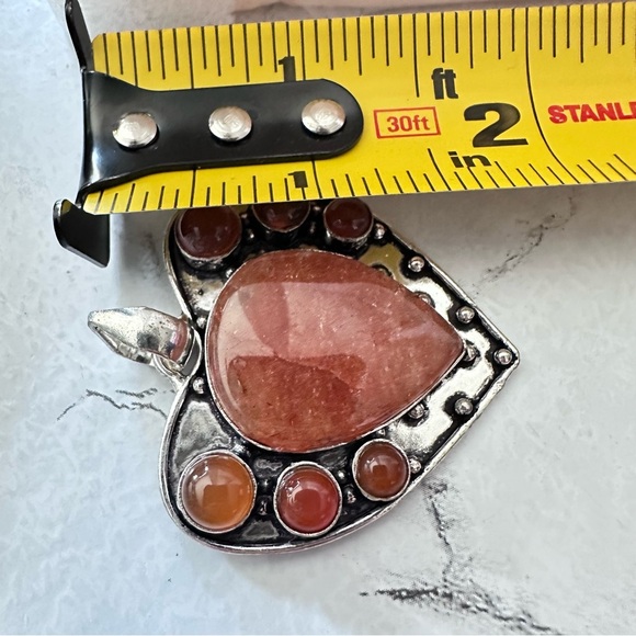 Heart Pendant Red Aventurine And Carnelian Agate Gemstones Silver Tone 3331 - Picture 4 of 9